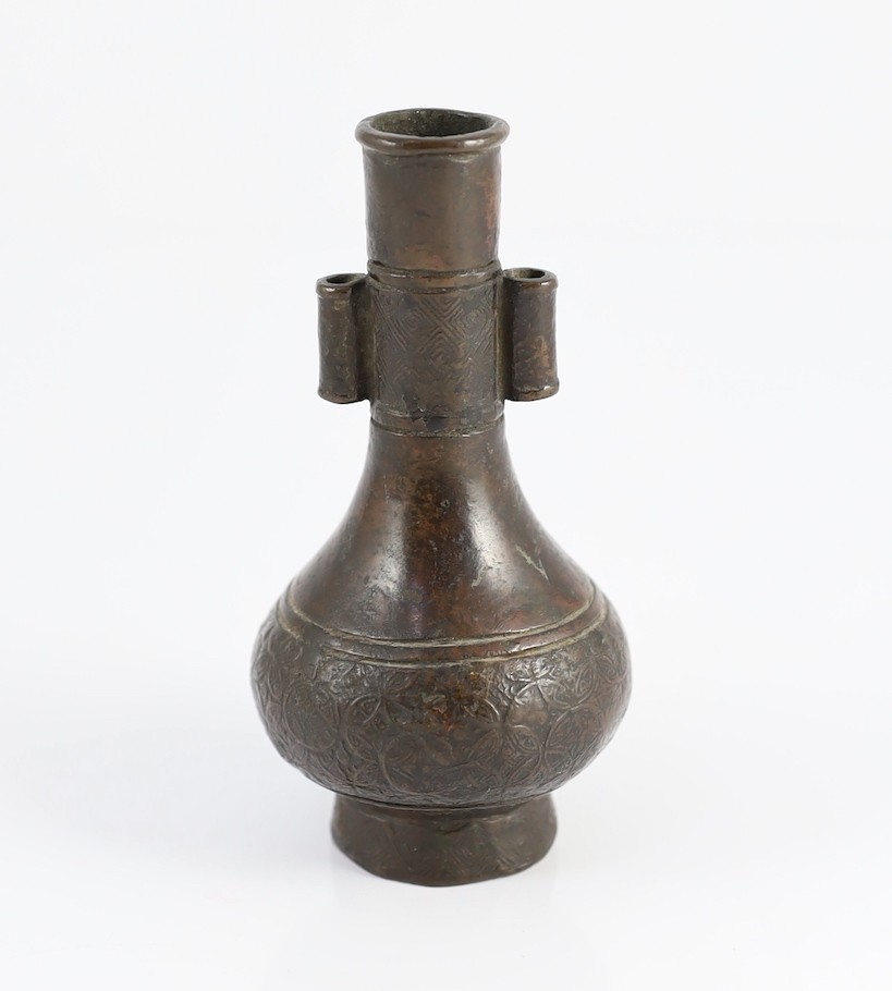 A small Chinese archaistic bronze arrow vase, Yuan/Ming dynasty, 11.8cm high, base panel lacking